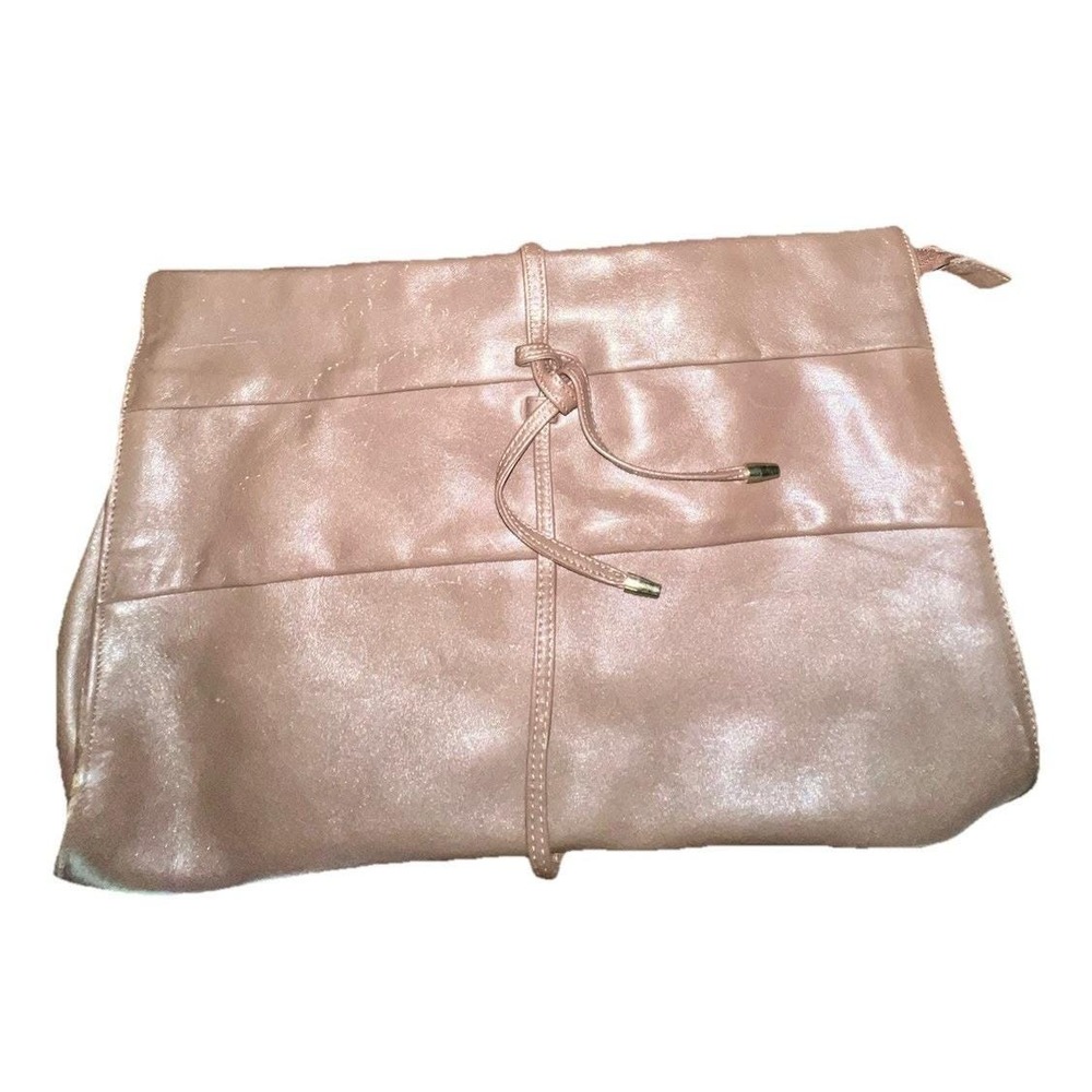 Vtg DeNure Taupe Nappa Leather Clutch Foldover Tie Boho 90s Korea